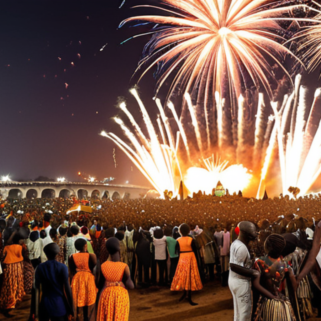 **Image Prompt:** A vibrant scene of Ivorian Independence Day celebrations, featuring traditional dances, national flags, and modern digital fireworks illuminating the Abidjan skyline. Celebratory atmosphere with diverse people.