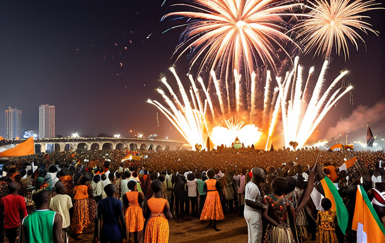 **Image Prompt:** A vibrant scene of Ivorian Independence Day celebrations, featuring traditional dances, national flags, and modern digital fireworks illuminating the Abidjan skyline. Celebratory atmosphere with diverse people.