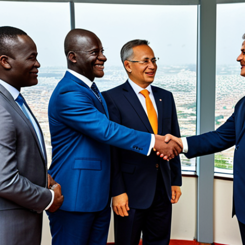 Home 18 A diverse group of professional Ivorian business executives in modern business attire, confidently shaking hands with international partners from various regions like Asia and Europe in a bright, contemporary conference room overlooking the bustling city of Abidjan, with visible modern infrastructure like new bridges in the background. The scene emphasizes global partnerships and economic diversification. The subjects are fully clothed, in professional dress, appropriate attire, safe for work, perfect anatomy, correct proportions, natural pose, well-formed hands, proper finger count, natural body proportions, professional photography, high quality, family-friendly.