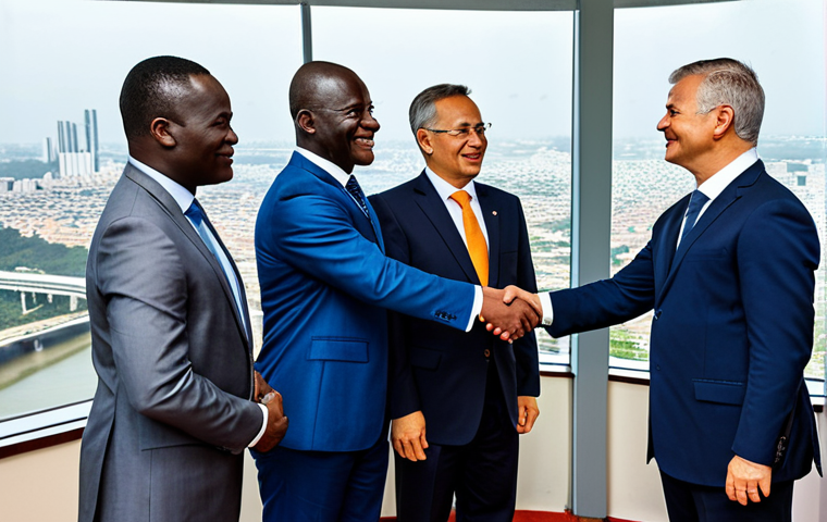 A diverse group of professional Ivorian business executives in modern business attire, confidently shaking hands with international partners from various regions like Asia and Europe in a bright, contemporary conference room overlooking the bustling city of Abidjan, with visible modern infrastructure like new bridges in the background. The scene emphasizes global partnerships and economic diversification. The subjects are fully clothed, in professional dress, appropriate attire, safe for work, perfect anatomy, correct proportions, natural pose, well-formed hands, proper finger count, natural body proportions, professional photography, high quality, family-friendly.