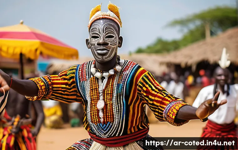 코트디부아르 마스크 축제 - **Vibrant Zaouli Dancer in Motion:**
"A male Zaouli dancer from the Guro ethnic group performing...