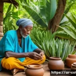 코트디부아르 전통 의약과 허브 치료 - A serene rural village scene in Ivory Coast featuring an elderly traditional healer wearing modest, ...