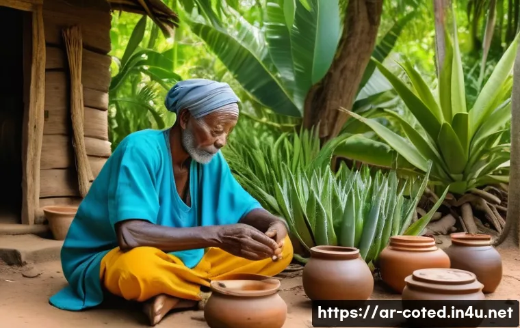 코트디부아르 전통 의약과 허브 치료 - A serene rural village scene in Ivory Coast featuring an elderly traditional healer wearing modest, ...