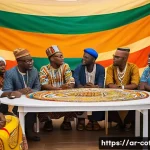 코트디부아르 내전 원인과 결과 - A vivid and detailed scene of a diverse group of Ivory Coast community members engaging in a peacefu...