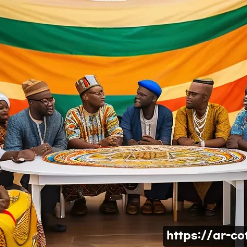 코트디부아르 내전 원인과 결과 - A vivid and detailed scene of a diverse group of Ivory Coast community members engaging in a peacefu...