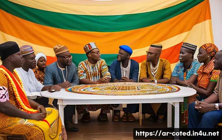 코트디부아르 내전 원인과 결과 - A vivid and detailed scene of a diverse group of Ivory Coast community members engaging in a peacefu...