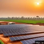 코트디부아르 신재생 에너지 정책 - A vibrant solar power plant in rural C&ocirc;te d&rsquo;Ivoire at sunrise, featuring rows of advanced photovolta...