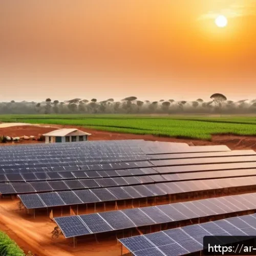 코트디부아르 신재생 에너지 정책 - A vibrant solar power plant in rural C&ocirc;te d&rsquo;Ivoire at sunrise, featuring rows of advanced photovolta...