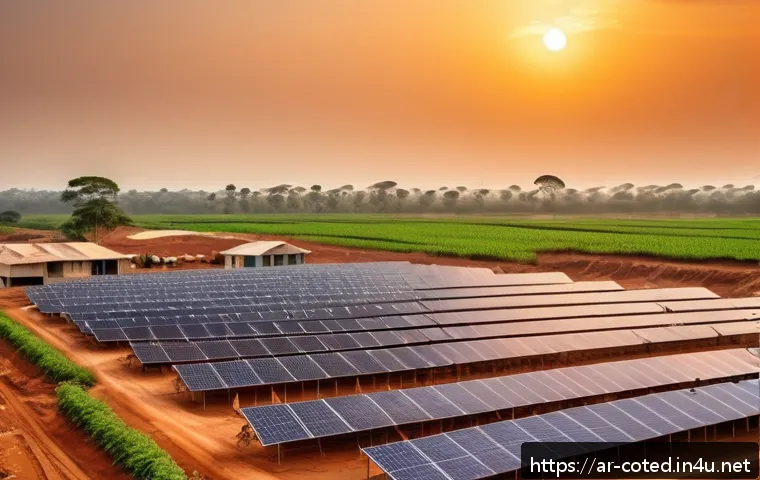 코트디부아르 신재생 에너지 정책 - A vibrant solar power plant in rural Côte d’Ivoire at sunrise, featuring rows of advanced photovolta...