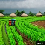 코트디부아르 우기와 건기 차이 - A vibrant rural Ivory Coast farming scene during the rainy season, showcasing lush green crops thriv...