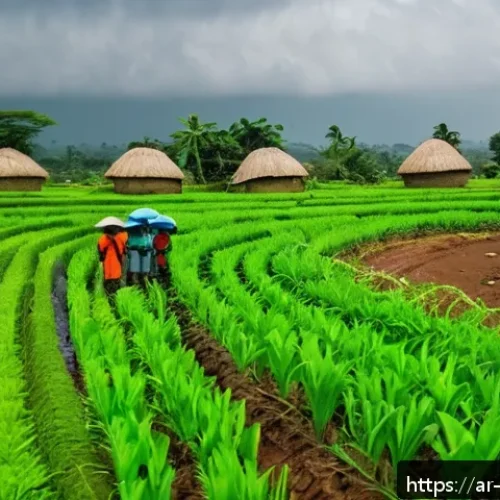 코트디부아르 우기와 건기 차이 - A vibrant rural Ivory Coast farming scene during the rainy season, showcasing lush green crops thriv...