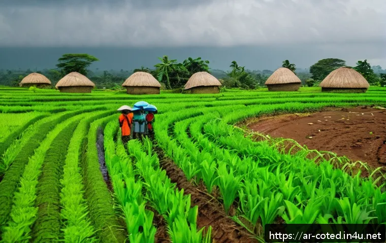 코트디부아르 우기와 건기 차이 - A vibrant rural Ivory Coast farming scene during the rainy season, showcasing lush green crops thriv...