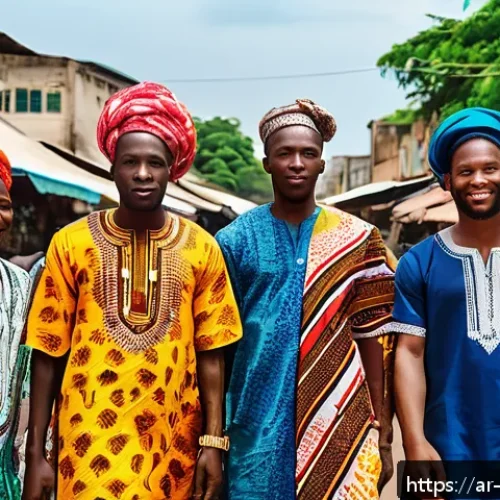 코트디부아르에서 아프리카 여행 계획 - A vibrant street scene in Abidjan, Ivory Coast, showcasing a bustling local market filled with color...