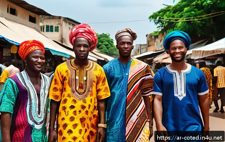 코트디부아르에서 아프리카 여행 계획 - A vibrant street scene in Abidjan, Ivory Coast, showcasing a bustling local market filled with color...