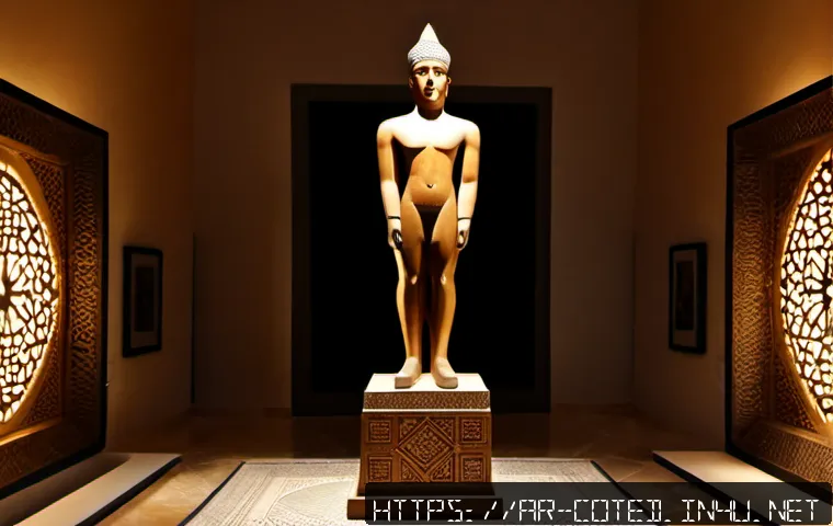 코트디부아르 아트 장르와 조각 문화 - Photorealistic museum gallery showcasing an elegant traditional Côte d’Ivoire wooden ancestor sculpt...