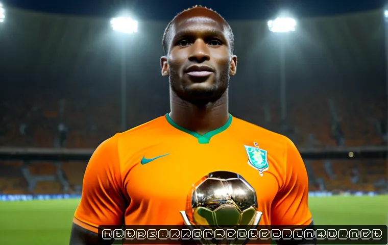 코트디부아르 디디에 드로그바 업적 - Photorealistic editorial sports portrait of Didier Drogba in an Ivory Coast national team inspired o...